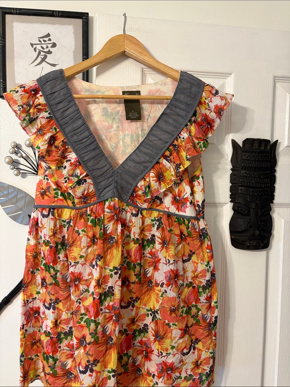 Floral V-Neck Tunic with Ruffled Sleeves - Orange Multi